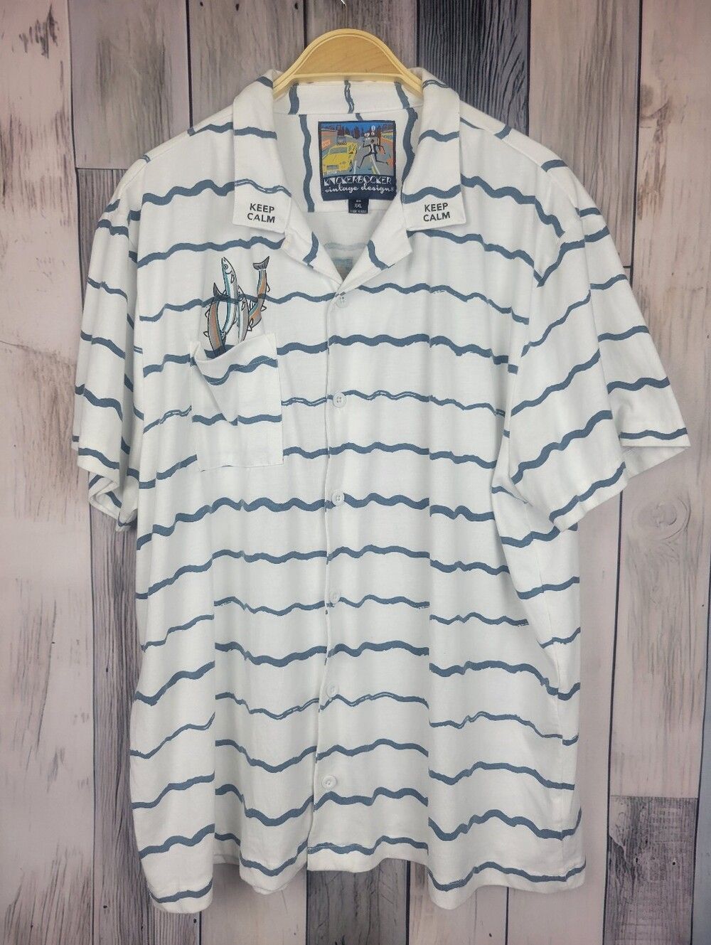 Knickerbocker White Striped Fish Design Polo Shirt Short Sleeve XXL